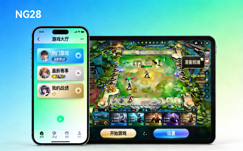 NG28电子移动APP在手机和平板上的界面展示 - 展示游戏大厅与对战场面