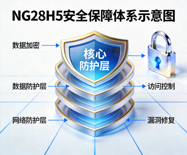 NG28H5安全保障体系示意图 - 展示多层防护盾牌与加密锁图标